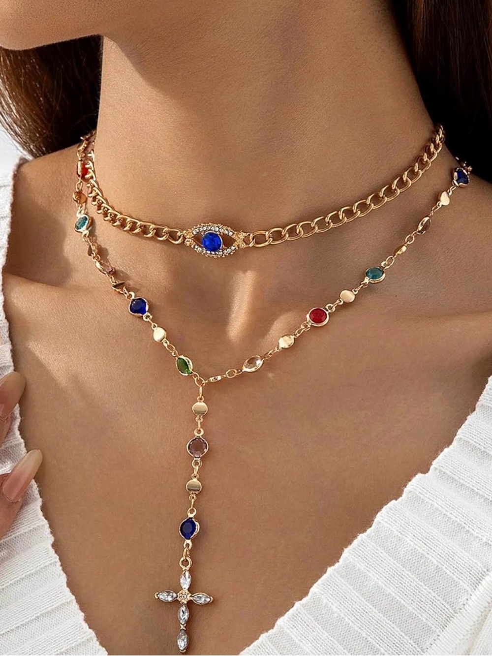 Gold Evil Eye & Cross Pendant NecklaceGold Evil Eye & Cross Pendant Necklace Set